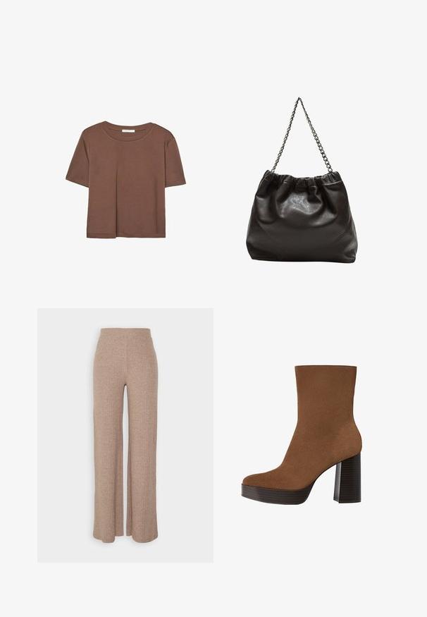 Braunes, kurzärmliges T-Shirt aus weichem Material mit rundem Halsausschnitt und lockerer Passform. Keine sichtbaren Muster oder Akzente.; Beige, gerippte, weit geschnittene Hose mit hohem Bund und weicher Textur, die eine lockere Passform und keine sichtbaren Verschlüsse hat.; Braunes Wildleder-Ankle Boot mit runder Spitze, klobigem schwarz gestreiften Absatz und glatter Oberfläche. Besitzt ein enganliegendes Design ohne sichtbare Beschläge.; Braune Lederhandtasche mit gerafftem Oberteil und Kettenriemen. Glatte Textur mit glänzendem Finish und subtilen Nahtdetails an den Seiten.