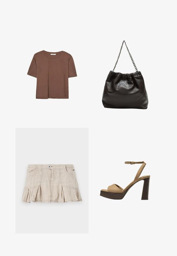 Rjava kratka majica s kratkimi rokavi iz mehkega materiala, s krožnim izrezom in ohlapnim krojem. Brez vidnih vzorcev ali dodatkov.; Bež mini krilo iz lana z nabranim dizajnom, sprednjim gumbom in dvema stranskima žepoma. Ima lahkoten teksturo in priložnosten slog.; Bež semiš sandali na visoki peti z širokim sprednjim trakom in trakom okoli gležnja, opremljeni z debelim lesenim blokom peto z teksturirano površino.; Rjava usnjena torba z nabranim vrhom in verižnim trakom. Gladka tekstura z sijajno površino in subtilnimi šivi na straneh.