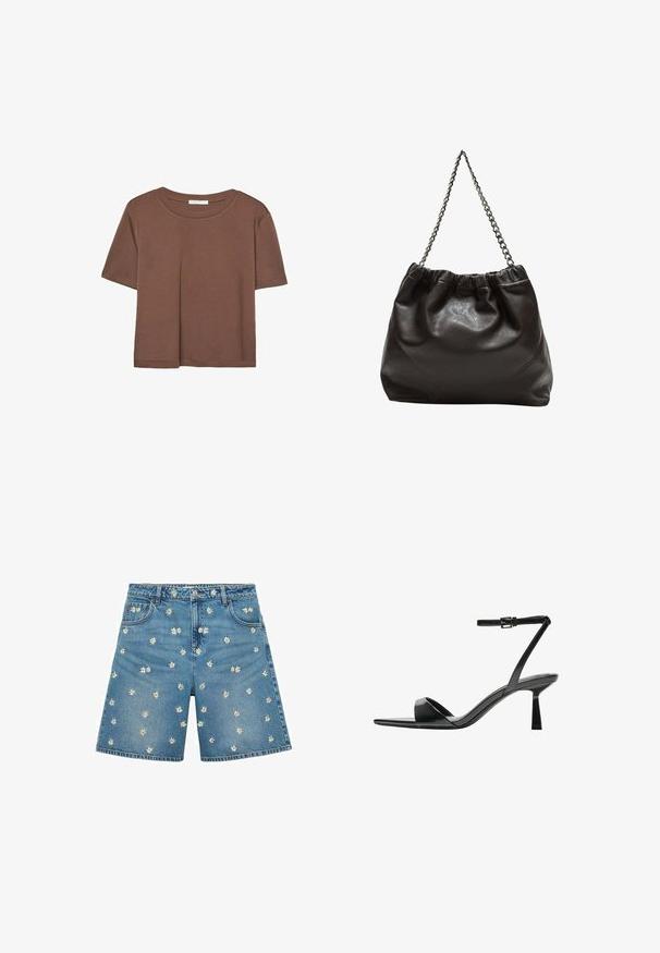 Hnědé tričko s krátkým rukávem vyrobené z měkké látky, s kulatým výstřihem a volným střihem. Bez viditelných vzorů nebo dekorací.; Denim šortky v světle modré barvě s bílými výšivkami sedmikrásek rozptýlenými po látce. Klasický design s pěti kapsami a zapínáním na knoflík vpředu.; Bershka Sandály na vysokém podpatku - black; Hnědá kožená taška se sbíraným vrškem a řetízkovým popruhem. Hladký povrch s lesklým finišem a jemným švem na bocích.