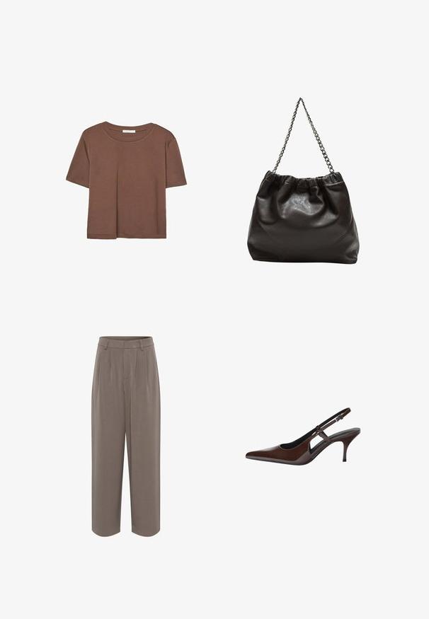 Smeđi kratki rukav majica od mekog materijala, s okruglim izrezom i opuštenim krojem. Nema vidljivih uzoraka ili naglasaka.; Smeđe široke hlače od glatke tkanine s visokim strukom i dva prednja nabora, koje imaju čist i krojen siluetu.; Smeđe lakirane kožne sandale s otvorenom petom, špicastim nosom i tankim potpeticama. Imaju podesiv remen s kopčanjem.; Smeđa kožna torba s naboranim vrhom i lančićem za nošenje. Glatka tekstura s sjajnim završetkom i suptilnim šavnim detaljima sa strane.