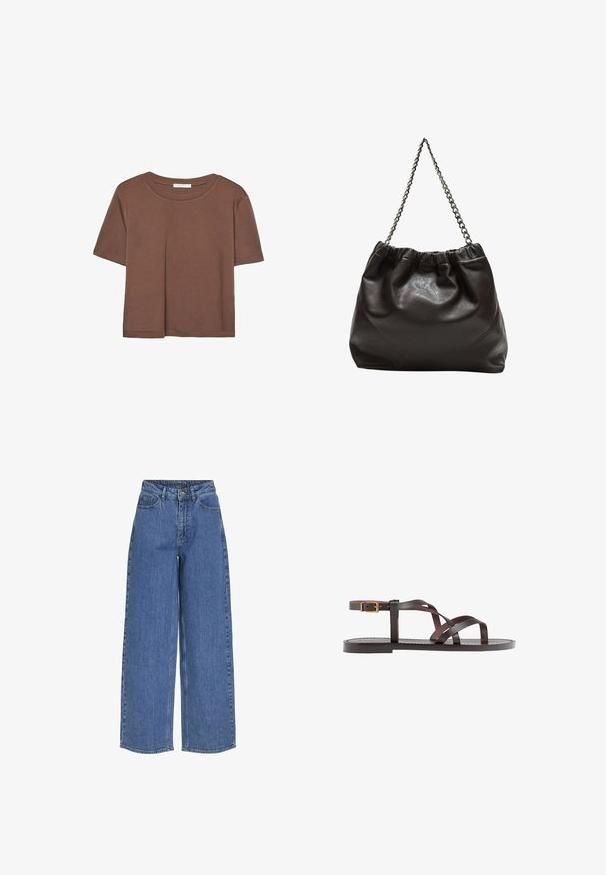 Smeđi kratki rukav majica od mekog materijala, s okruglim izrezom i opuštenim krojem. Nema vidljivih uzoraka ili naglasaka.; Široke plave traperice s visokim strukom, izrađene od traper tkanine. Sadrže prednje džepove i zatvaranje na dugme. Klasičan ležeran dizajn.; Smeđe kožne sandale s iskrižanim trakama, umetkom za zapešće s kopčanjem i ravnim potplatom s minimalnim detaljima šivanja.; Smeđa kožna torba s naboranim vrhom i lančićem za nošenje. Glatka tekstura s sjajnim završetkom i suptilnim šavnim detaljima sa strane.