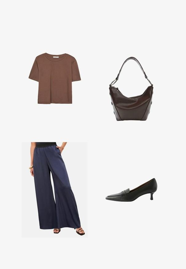 Smeđi kratki rukav majica od mekog materijala, s okruglim izrezom i opuštenim krojem. Nema vidljivih uzoraka ili naglasaka.; Žena nosi tamnoplave široke hlače s crnim elastičnim pojasom, stoji s jednom rukom u džepu i nosi crne sandale na otvoreni prst.; Crna kožna cipele s potpeticom, s šiljastim prstom i dekorativnom trakom. Ima nisku štiklu i glatku teksturu.; Tamno smeđa kožna torba sa zakrivljenim oblikom, zatvaranjem na zip i kratkom drškom. Ima metalne detalje i dekorativne crne dugmadi sa strane.