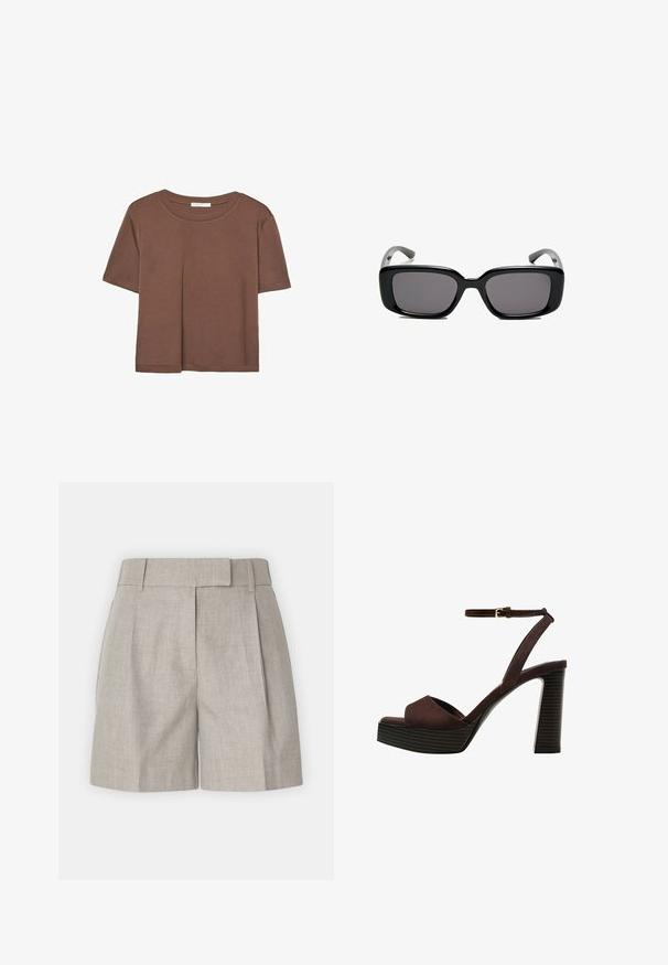 Brązowa koszulka z krótkim rękawem, wykonana z miękkiego materiału, z okrągłym dekoltem i luźnym krojem. Brak widocznych wzorów lub akcentów.; Jasnoszare szorty z wyraźnym paskiem, fałdami i luźnym krojem o gładkiej lnianej teksturze. Prosty i uniwersalny design.; Brązowe zamszowe sandały na wysokim obcasie z odkrytymi palcami, regulowanym paskiem na kostce i paskowatą podeszwą.; Czarne prostokątne okulary przeciwsłoneczne z ciemnymi soczewkami, gładką plastikową ramką i wygiętymi zausznikami. Projekt jest masywny, o minimalistycznej estetyce.