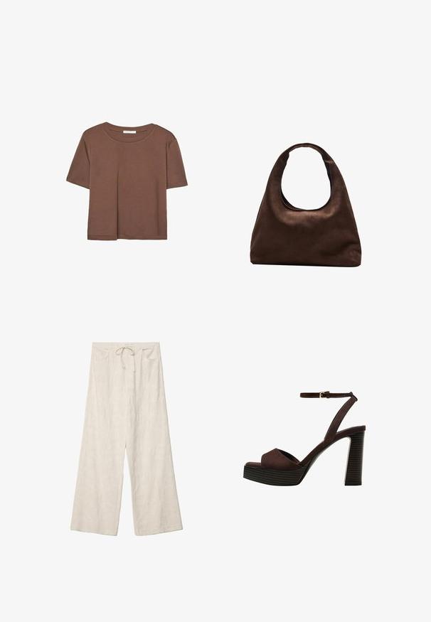 Braunes, kurzärmliges T-Shirt aus weichem Material mit rundem Halsausschnitt und lockerer Passform. Keine sichtbaren Muster oder Akzente.; Weite Hosen aus einem hellen Cremestoff, mit einem strukturierten Blumenmuster, elastischem Bund und frontalen Taschen.; Braune Wildleder-Pumps mit offenem Zeh, verstellbarem Knöchelriemen und gestreiftem Plateausohlen.; Weiche braune Hobo-Stil Handtasche mit einem einzigen breiten Trageriemen und einer geschwungenen Oberteilöffnung, auf einem weißen Hintergrund präsentiert.