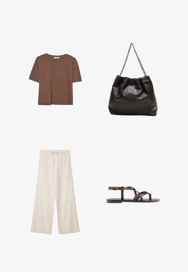 Brun kortærmet t-shirt lavet af blødt stof, med rund halsudskæring og afslappet pasform. Ingen synlige mønstre eller detaljer.; Bredde bukser i et lyst kremfarvet stof med et tekstureret blomstermønster, elastisk talje og forskydde lommer.; Brune lædersandal med krydsende stropper, ankelspænde og en flad sål med minimale syninger.; Brun lædertaske med en rynket top og en kædestrop. Glat tekstur med en blank finish og subtile sømdetaljer på siderne.