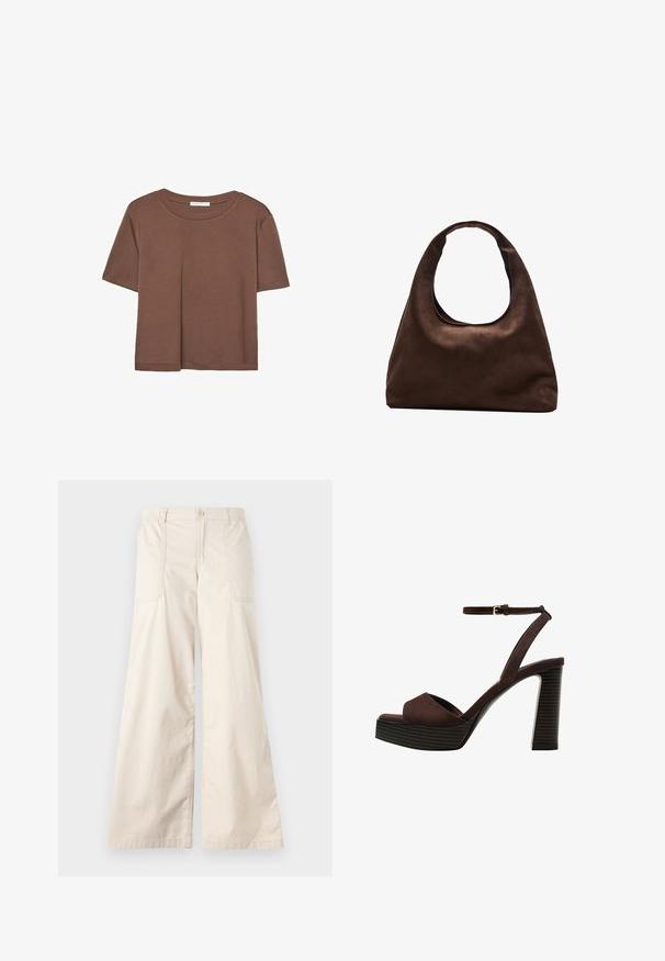 Rjava kratka majica s kratkimi rokavi iz mehkega materiala, s krožnim izrezom in ohlapnim krojem. Brez vidnih vzorcev ali dodatkov.; Bež širši hlače z gumbom za zapiranje, elastičnim pasom in dvema stranskima žepoma. Gladek bombažni material z mehkobo.; Rjave semiš sandale z visoko peto, odprto spredaj, z nastavljivim gležnjenjem in črtastim podplatom.; Mehakna rjava torbica v hobo stilu z enim širokim trakom in ukrivljenim odprtjem na vrhu, prikazana na beli podlagi.
