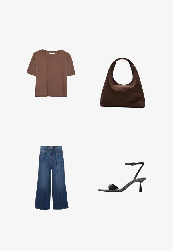 Rjava kratka majica s kratkimi rokavi iz mehkega materiala, s krožnim izrezom in ohlapnim krojem. Brez vidnih vzorcev ali dodatkov.; Široke jeans hlače iz temno modrega denima, z visokim pasom, zankami za pas in klasičnim pet-pocket dizajnom. Končane s čistim robom.; Bershka Sandali z visoko peto - black; Mehakna rjava torbica v hobo stilu z enim širokim trakom in ukrivljenim odprtjem na vrhu, prikazana na beli podlagi.