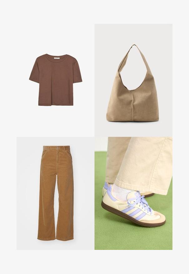 T-shirt marron à manches courtes en tissu doux, avec un col rond et une coupe décontractée. Aucun motif ni accent visible.; Pantalons large en velours côtelé marron avec une texture ribbed subtile, dotés d'une fermeture par bouton à l'avant et de poches sur les côtés.; Baskets crème et lavande avec trois bandes et une semelle marron texturée, dotées de lacets et d'un talon rembourré. Tige en tissu doux.; Sac hobo en suède beige doux avec une forme décontractée, une large bandoulière et un détail de couture à la main sur le devant.