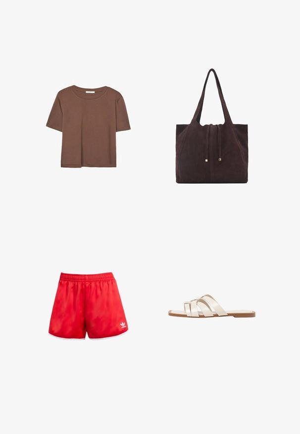 Hnedé tričko s krátkym rukávom vyrobené z jemného materiálu, s okrúhlym výstrihom a voľným strihom. Žiadne viditeľné vzory ani akcenty.; Červené športové šortky s elastickým pásom, biely lem na spodnom okraji a jemným leskom. Obsahujú logo Adidas v bielej farbe na dolnej ľavej strane.; Ploché sandále s hnedou gumovou podrážkou, navrhnuté s tromi prekrývajúcimi sa bielymi koženými popruhmi a malou mašličkou uprostred.; Mango Veľká kabelka - dark brown