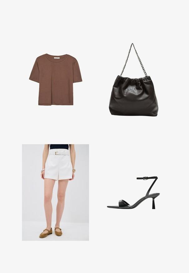 Hnědé tričko s krátkým rukávem vyrobené z měkké látky, s kulatým výstřihem a volným střihem. Bez viditelných vzorů nebo dekorací.; Bílé uplé šortky s opaskem, vybavené zlatou sponou, doplněné hnědými semišovými plochými botami. Hladká textura a čisté linie.; Bershka Sandály na vysokém podpatku - black; Hnědá kožená taška se sbíraným vrškem a řetízkovým popruhem. Hladký povrch s lesklým finišem a jemným švem na bocích.