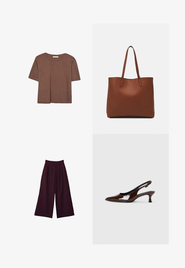 Braunes, kurzärmliges T-Shirt aus weichem Material mit rundem Halsausschnitt und lockerer Passform. Keine sichtbaren Muster oder Akzente.; Weite Hose aus tiefburgunderfarbener Stoff, mit Falten, hoher Taille und zwei seitlichen Taschen für Funktionalität und Stil.; Braune Lackleder-Slingback-Schuhe mit spitzer Zehe und moderatem Absatz. Mit einem Schnallenriemen für einen sicheren Sitz. Glatte Textur.; Braune Leder-Tote mit glatter Textur, offenem Oberteil und zwei Schulterriemen. Verfügt über minimale Nähte und keine sichtbaren Beschläge.