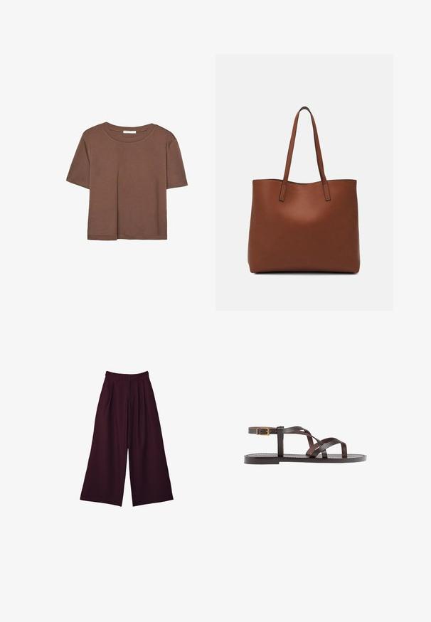 Brown short-sleeve t-shirt made of soft fabric, with a round neckline and relaxed fit. No visible patterns or accents.; Wide-leg trousers in deep burgundy fabric, featuring pleats, a high waist, and two side pockets for utility and style.; Brown leather sandal featuring crisscross straps, an ankle buckle closure, and a flat sole with minimal stitching details.; Brown leather tote bag with a smooth texture, open top design, and two shoulder straps. Features minimal stitching and no visible hardware.