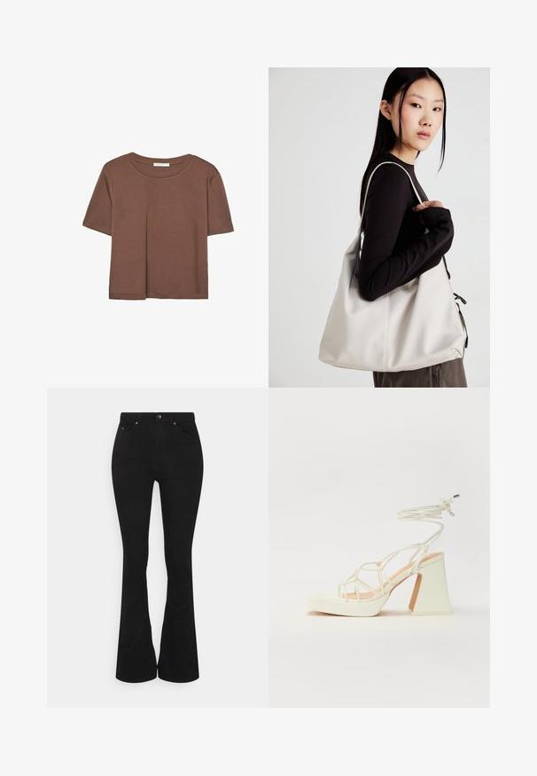 Brown short-sleeve t-shirt made of soft fabric, with a round neckline and relaxed fit. No visible patterns or accents.; Black flared jeans with a high waist, made of a soft cotton blend. Features front pockets, metal button closure, and subtle stitching details.; White high-heeled sandal with a chunky heel, featuring a strappy design and ankle tie. Smooth texture with a platform front for added height.; Beige handbag made of soft material, featuring a slouchy design, stitched detailing, and two shoulder straps. Suitable for everyday use.