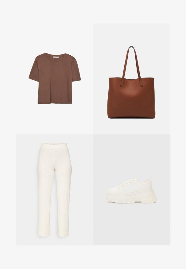 Smeđi kratki rukav majica od mekog materijala, s okruglim izrezom i opuštenim krojem. Nema vidljivih uzoraka ili naglasaka.; Kremaste rebraste hlače s prilagođenim strukom i ravnim nogavicama, izrađene od meke, strukturirane tkanine. Nema vidljivih uzoraka ili akcenata.; Bijela platnena tenisica s debelim potplatom, zaobljenim vrhom i pet rupica za vezice. Stražnji tab za jednostavno obuvanje. Glatka tekstura, minimalistički dizajn.; Smeđa kožna torba preko ramena s glatkom teksturom, otvorenim vrhom i dvjema naramenicama. Ima minimalne šavove i nema vidljivog hardvera.