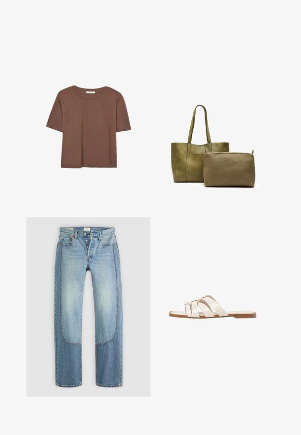 Hnedé tričko s krátkym rukávom vyrobené z jemného materiálu, s okrúhlym výstrihom a voľným strihom. Žiadne viditeľné vzory ani akcenty.; Svetlomodré denimové džínsy so rovný, voľný strih, s kontrastnými panelovými detailmi a dizajnom s piatimi vreckami. Zapínanie na gombík.; Ploché sandále s hnedou gumovou podrážkou, navrhnuté s tromi prekrývajúcimi sa bielymi koženými popruhmi a malou mašličkou uprostred.; Olívovo zelená kožená taška s dvoma ušami, vedľa menšieho olívovo zeleného látkového púzdra so zipsom. Hladké a textúrované povrchy.