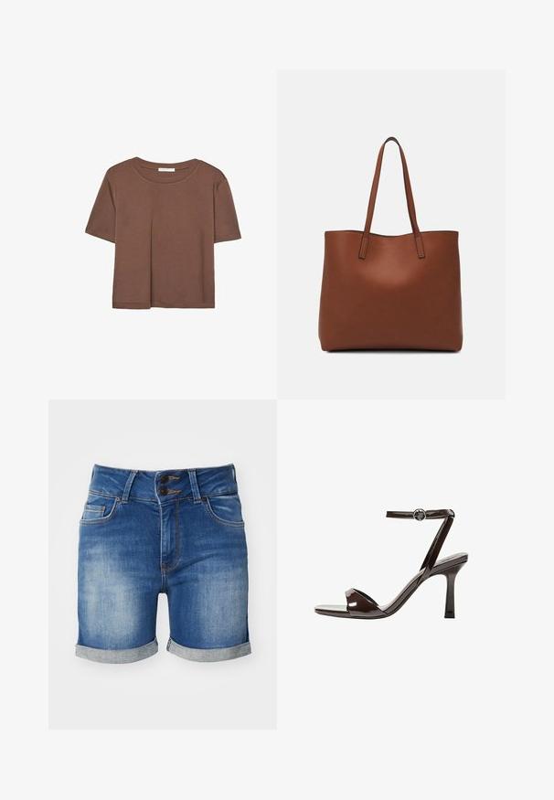 Rjava kratka majica s kratkimi rokavi iz mehkega materiala, s krožnim izrezom in ohlapnim krojem. Brez vidnih vzorcev ali dodatkov.; Denim kratke hlače v svetlo do temno modri gradient, z dvojnim gumbom, zavitimi robovi in sprednjimi žepi z kontrastnim šivanjem.; Rjave visokosprti sandali iz pateniranega usnja z zaponko okoli gležnja, odprto konico in eleganten, minimalističen dizajn. Imajo kvadratno peto.; Rjava usnjena torba z gladko teksturo, odprto zasnovo zgoraj in dvema naramnima trakovoma. Opremljena je z minimalnim šivanjem in brez vidnih kovinskih delov.