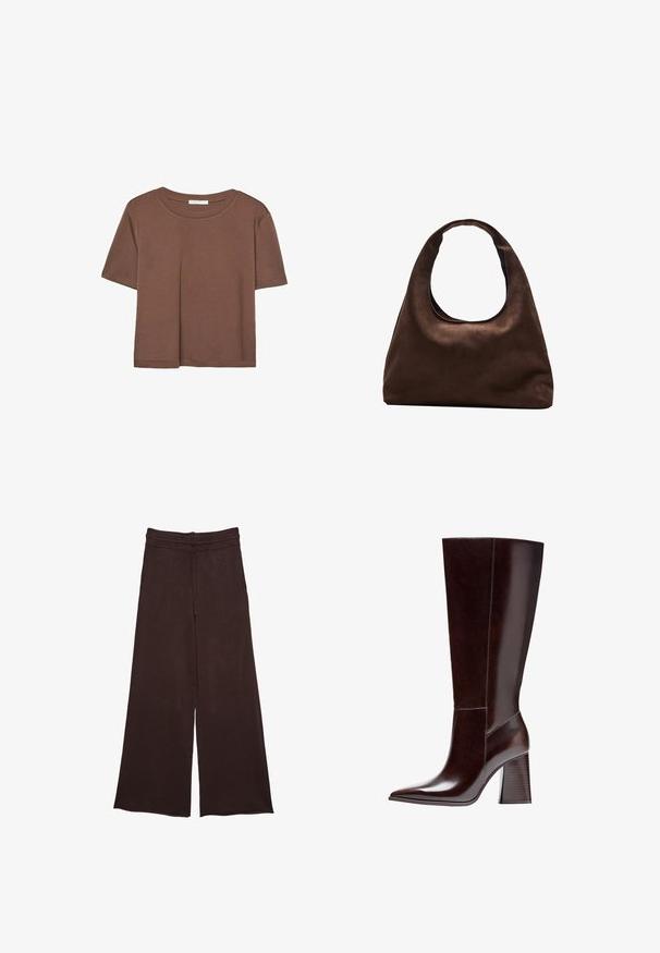 Braunes, kurzärmliges T-Shirt aus weichem Material mit rundem Halsausschnitt und lockerer Passform. Keine sichtbaren Muster oder Akzente.; Braune weit geschnittene Hose aus weichem Material, mit einem elastischen Bund und Kordelzug, sowie einer strukturierten Oberfläche für zusätzliche Details.; Braune Leder-Knöchelstiefel mit spitzem Zehenbereich und strukturiertem Blockabsatz. Verfügt über eine klare Linienführung und minimale Nähdetails.; Weiche braune Hobo-Stil Handtasche mit einem einzigen breiten Trageriemen und einer geschwungenen Oberteilöffnung, auf einem weißen Hintergrund präsentiert.