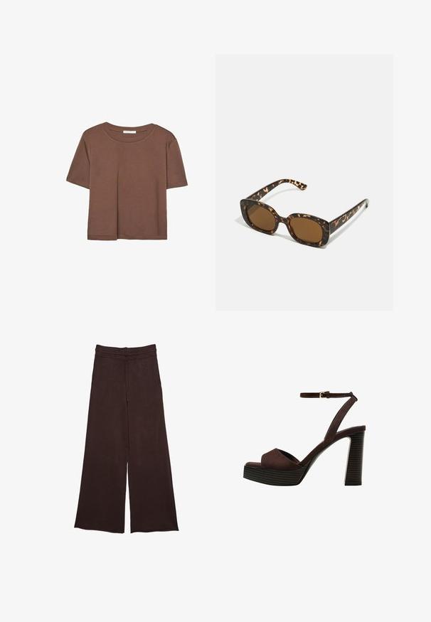 Hnedé tričko s krátkym rukávom vyrobené z jemného materiálu, s okrúhlym výstrihom a voľným strihom. Žiadne viditeľné vzory ani akcenty.; Hnedé nohavice s širokými nohavicami vyrobené z mäkkej tkaniny, s elastickým pásom a sťahovacou šnúrkou, s textúrovaným povrchom pre pridanie detailu.; Hnedé semišové sandále na vysokom podpätku s otvorenou špičkou, nastaviteľným členkovým remienkom a pruhovanou platformovou podrážkou.; Slnečné okuliare v tortoiseshell štýle s okrúhlym, robustným rámom a hnedými šošovkami. Má jemné vzory a rovné, zoštíhlené ramená.
