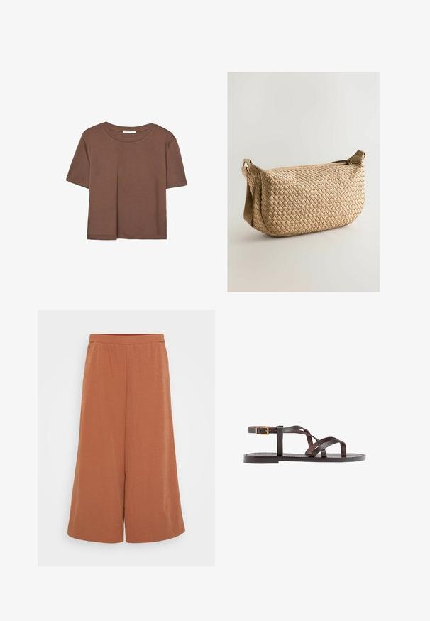 T-shirt marron à manches courtes en tissu doux, avec un col rond et une coupe décontractée. Aucun motif ni accent visible.; Culottes de couleur rouge rouille fabriquées en tissu léger et froissé. Caractéristiques d'une taille élastique et de jambes larges et fluides. Texture lisse sur l'ensemble.; Sandale en cuir marron avec des brides entrecroisées, une fermeture à boucle à la cheville et une semelle plate avec des détails de couture minimaux.; Sac tressé beige avec une forme arrondie, doté d'une fermeture éclair, d'une bandoulière réglable et d'une surface texturée avec un motif en osier.
