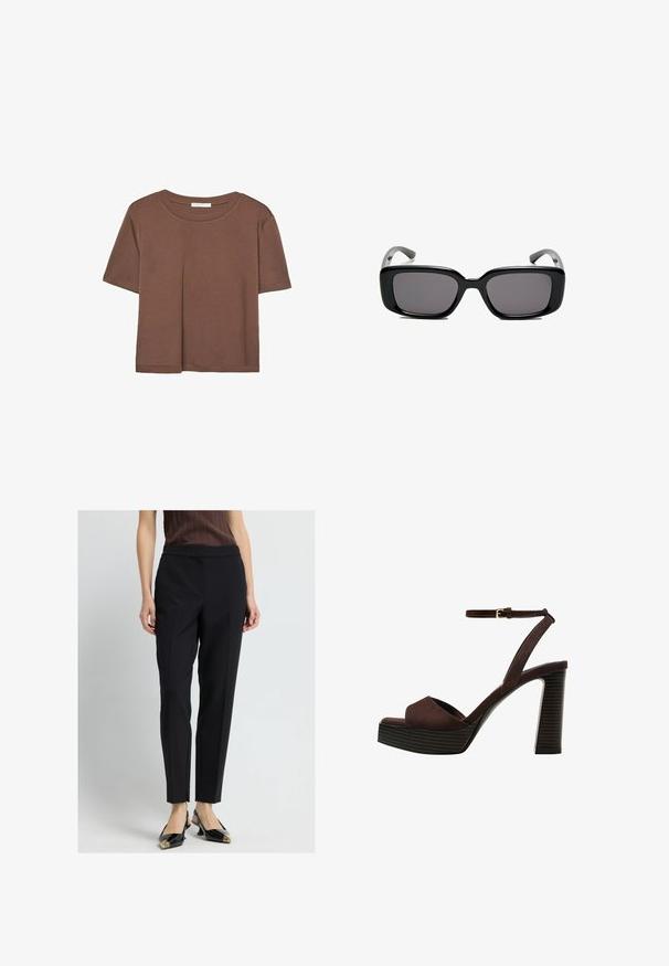 T-shirt marron à manches courtes en tissu doux, avec un col rond et une coupe décontractée. Aucun motif ni accent visible.; Pantalons noirs sur mesure avec une texture lisse, présentant une coupe ajustée et une taille rabattable. Stylés avec des talons noirs pointus et des accents dorés.; Sandale à talons hauts en suede marron avec un bout ouvert, une bride de cheville réglable et une semelle de plateforme rayée.; Lunettes de soleil noires rectangulaires avec des verres foncés, monture en plastique lisse et branches courbées. Le design est épais avec une esthétique minimaliste.