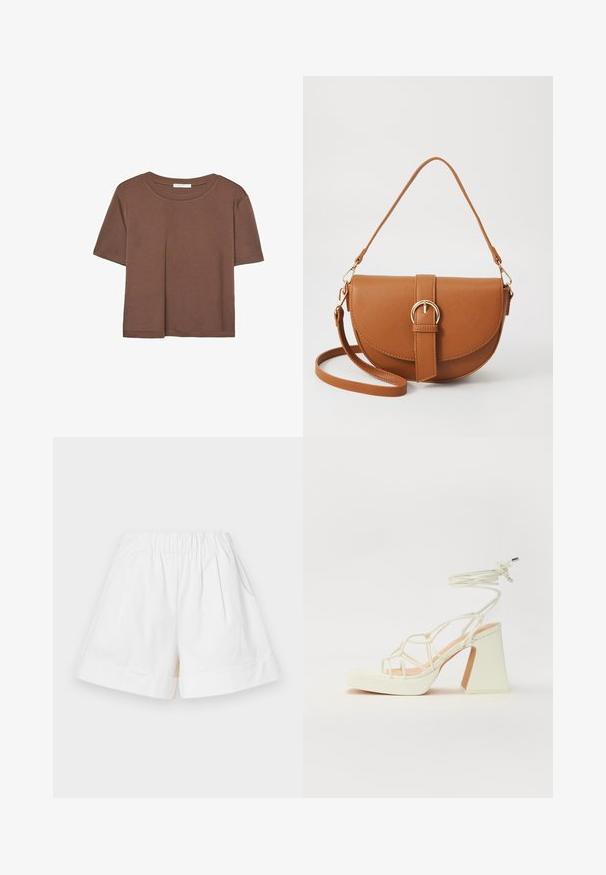 Korte mouwen T-shirt in bruin, gemaakt van een zachte stof, met een ronde halslijn en een relaxte pasvorm. Geen zichtbare patronen of accenten.; Witte katoenen shorts met een elastische tailleband, twee zijzakken en omgeslagen boorden. Het geplooide ontwerp voegt textuur en diepte toe.; Witte hoge hakken sandaal met een chunky hak, met een bandjesontwerp en enkelband. Gladde textuur met een plateau voor extra hoogte.; Bruine leren schoudertas met een gebogen vorm, gouden hardware en een gespaccent. Bevat een afneembare schouderriem.
