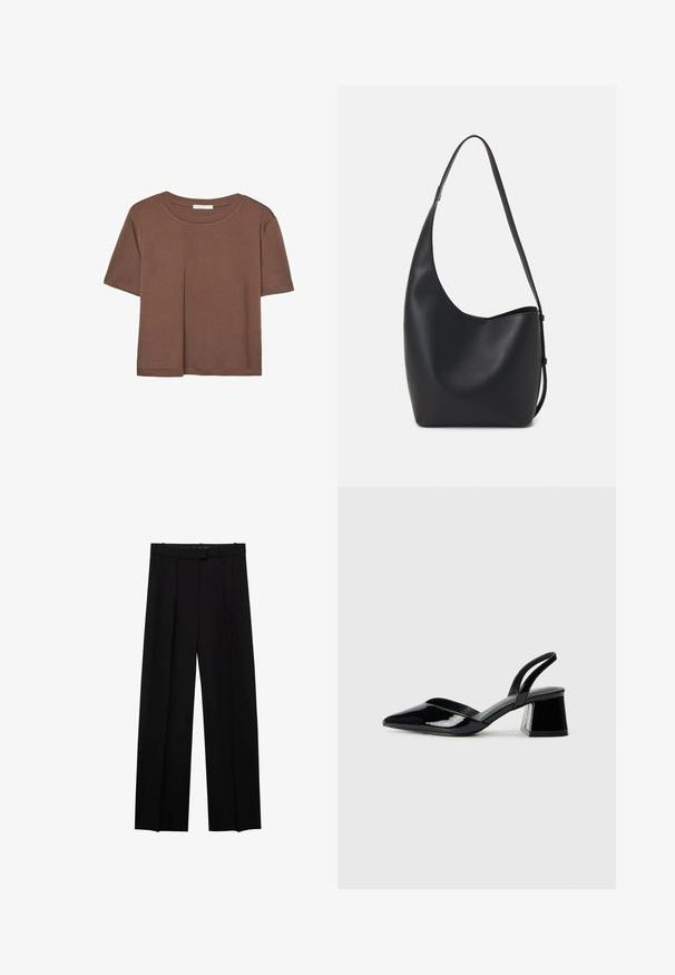 Hnedé tričko s krátkym rukávom vyrobené z jemného materiálu, s okrúhlym výstrihom a voľným strihom. Žiadne viditeľné vzory ani akcenty.; Čierne nohavice s širokými nohavicami, strih prispôsobený na mieru, dva predné záhyby, pútka na opasok a hladká textúra. Žiadne nápadné vzory ani akcenty.; Čierne lakované kožené sandálové podpätky s špicatou špičkou a geometrickým blokovým podpätkom. Disponujú elegantným, minimalistickým dizajnom a hladkým povrchom.; Čierna kožená hobo taška so hladkou textúrou, zakriveným tvarom a jedným nastaviteľným popruhom; má široké otvorenie na vrchu.