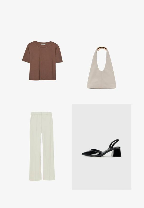 Brun kortærmet t-shirt lavet af blødt stof, med rund halsudskæring og afslappet pasform. Ingen synlige mønstre eller detaljer.; Lys beige bukser lavet af glat stof, med lige ben, fold ned foran og standard talje med bæltesløjfer.; Sorte patentlæder slingback hæle med spids tå og en geometrisk blok hæl. Har et elegant, minimalistisk design og en glat tekstur.; Lysegrå lædertaske med et U-formet design og et buet metallisk håndtag. Glat tekstur med minimal syning og ingen synlige mønstre.
