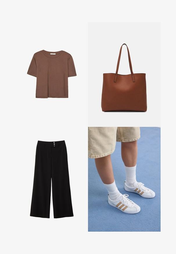 Maglietta a maniche corte marrone realizzata in tessuto morbido, con scollatura rotonda e vestibilità rilassata. Nessun motivo o dettaglio visibile.; Pantaloni neri a gamba larga con vita piatta, caratterizzati da due bottoni decorativi davanti e tasche laterali per la funzionalità. Texture liscia.; Sneaker bianche con tre strisce dorate, design con lacci, suola in gomma, indossate con calze bianche a coste e pantaloni beige su una superficie blu.; Borsa tote in pelle marrone con texture liscia, design con apertura superiore e due spallacci. Presenta cuciture minime e nessun hardware visibile.