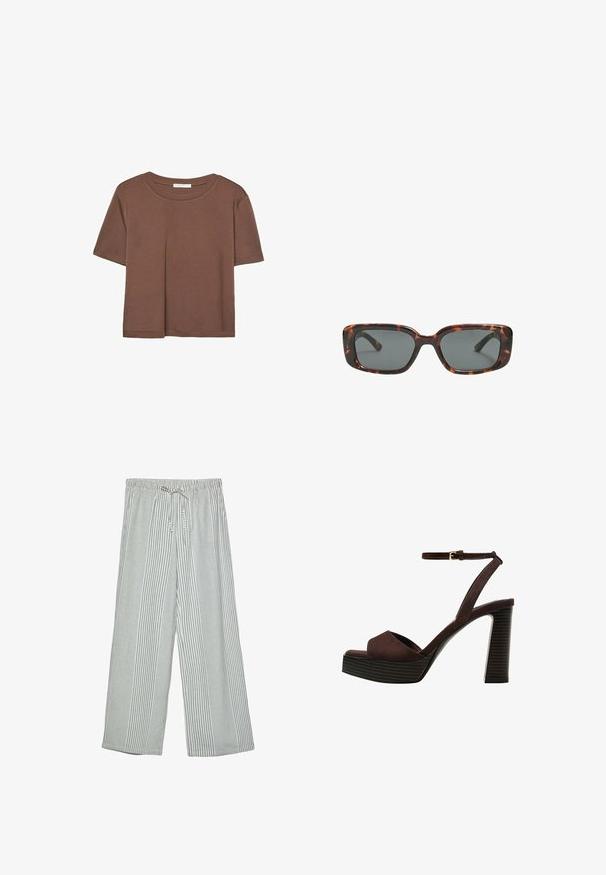 Hnědé tričko s krátkým rukávem vyrobené z měkké látky, s kulatým výstřihem a volným střihem. Bez viditelných vzorů nebo dekorací.; Lehké kalhoty s širokými nohavicemi v zeleno-bílém vertikálním pruhu. Obsahují elastický pás s šňůrkou na stažení.; Hnědé semišové sandály na vysokém podpatku s otevřenou špičkou, nastavitelným páskem kolem kotníku a proužkovou platformou.; Sluneční brýle ve stylu želvoviny s obdélníkovými čočkami, silnými rámy a tmavými zbarvenými čočkami. Hladký povrch a minimalistický design.
