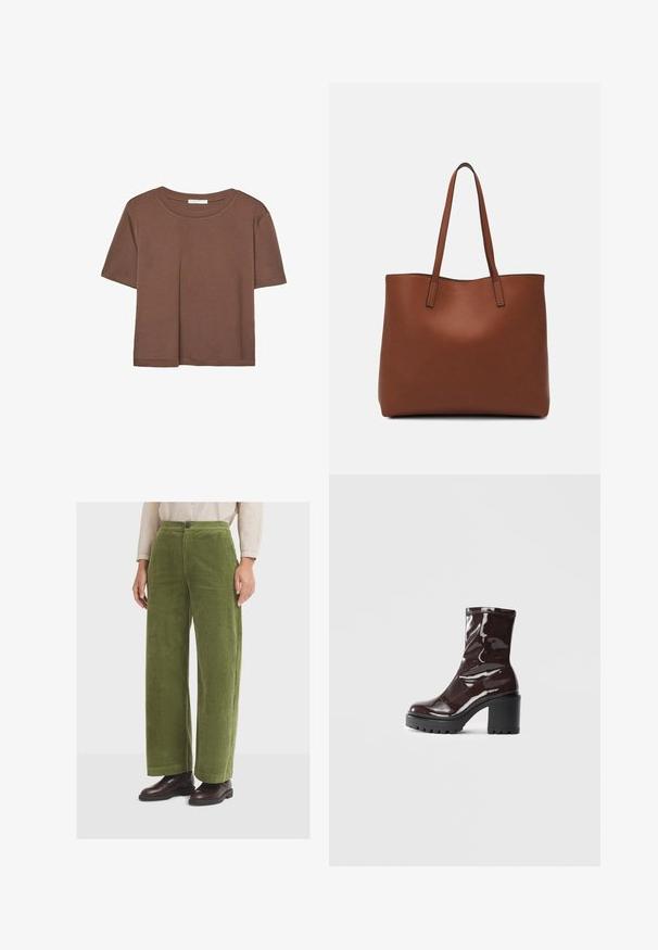 Brown short-sleeve t-shirt made of soft fabric, with a round neckline and relaxed fit. No visible patterns or accents.; Green corduroy wide-leg pants with a high waist and front pockets, featuring a single button closure and a textured, ribbed surface.; Glossy burgundy ankle boot with a chunky black heel, featuring a smooth texture and simple design. No visible fastenings or patterns.; Brown leather tote bag with a smooth texture, open top design, and two shoulder straps. Features minimal stitching and no visible hardware.