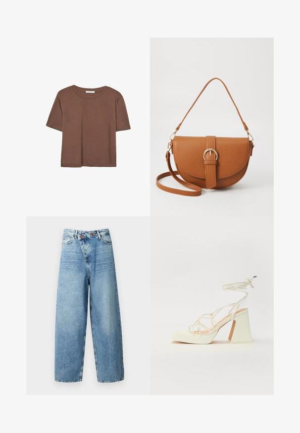 Rjava kratka majica s kratkimi rokavi iz mehkega materiala, s krožnim izrezom in ohlapnim krojem. Brez vidnih vzorcev ali dodatkov.; ONLY ONLECHO WIDE UNEAVEN - Široke hlačnice - medium blue denim; Bela sandala na visokih petah s debelim petam, ki ima obliko trakcev in vezanje okoli gležnja. Gladka tekstura z platformo spredaj za dodatno višino.; Rjava usnjena torbica prek telesa s ukrivljeno obliko, zlate opreme in sponko. Ima odstranljiv naramni trak.