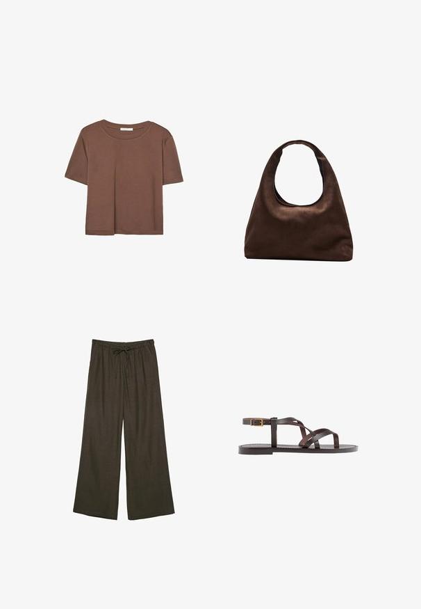 Brown short-sleeve t-shirt made of soft fabric, with a round neckline and relaxed fit. No visible patterns or accents.; Dark brown wide-leg pants with an elastic waistband and adjustable drawstring. Made from a soft, lightweight fabric.; Brown leather sandal featuring crisscross straps, an ankle buckle closure, and a flat sole with minimal stitching details.; Soft brown hobo-style handbag with a single wide strap and a curved top handle opening, displayed on a white background.