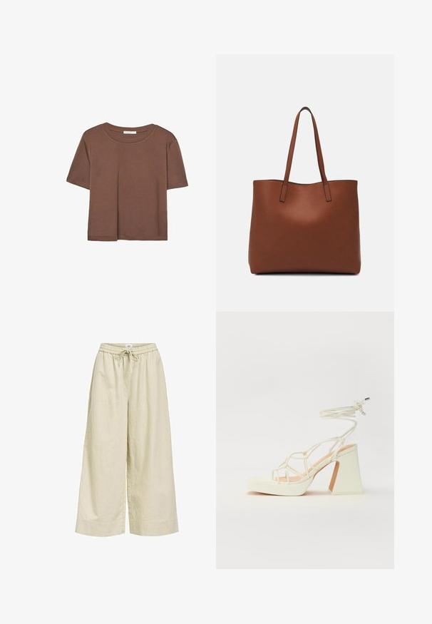 Korte mouwen T-shirt in bruin, gemaakt van een zachte stof, met een ronde halslijn en een relaxte pasvorm. Geen zichtbare patronen of accenten.; Beige wijde broek van lichtgewicht stof, met een elastische tailleband en een trekkoord, en zijzakken. Geweven afwerking.; Witte hoge hakken sandaal met een chunky hak, met een bandjesontwerp en enkelband. Gladde textuur met een plateau voor extra hoogte.; Bruine leren tote bag met een gladde textuur, een ontwerp met een open bovenkant en twee schouderbanden. Kenmerkt zich door minimale stiksels en geen zichtbare hardware.