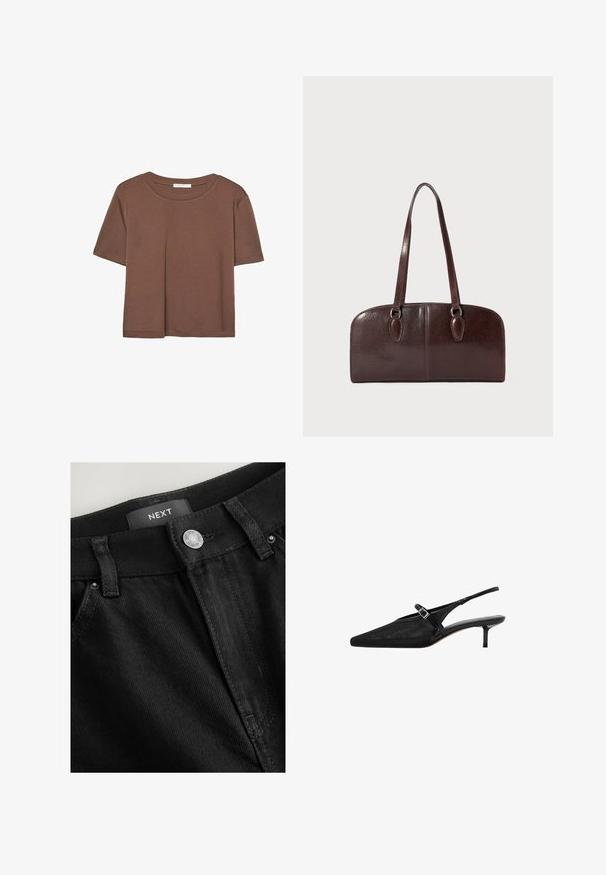 Rjava kratka majica s kratkimi rokavi iz mehkega materiala, s krožnim izrezom in ohlapnim krojem. Brez vidnih vzorcev ali dodatkov.; Črne jeans hlače z gumbom za zapiranje, zankami za pas in tonom šivanja. Oznaka "NEXT" vidna na pasu. Tekstura se zdi trdna.; Črne slingback pete s koničastimi prsti, teksturirano mrežasto zgornje delo, ožji nastavljiv trak z vgraviranim sponko in 5 cm stiletto pete.; Rjava usnjena torbica z dvema dolgima ročajema, strukturirano pravokotno obliko, gladko teksturo in zaobljenimi robovi. Ima dodatne podrobnosti na ročajih.