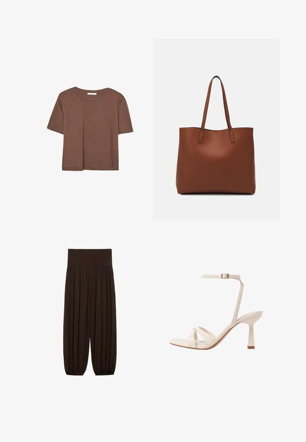 Hnědé tričko s krátkým rukávem vyrobené z měkké látky, s kulatým výstřihem a volným střihem. Bez viditelných vzorů nebo dekorací.; Hnědé plisované kalhoty se širokým elastickým pasem. Materiál je lehký a strukturovaný, s nařasenými lemy na manžetách.; Béžové sandály na vysokém podpatku s otevřenou špičkou, s křížovými popruhy, páskem na kotníku se sponou a silným podpatkem. Hladký povrch.; Hnědá kožená taška přes rameno s hladkou texturou, otevřeným designem a dvěma ramenními popruhy. Obsahuje minimální švy a žádné viditelné kovové prvky.