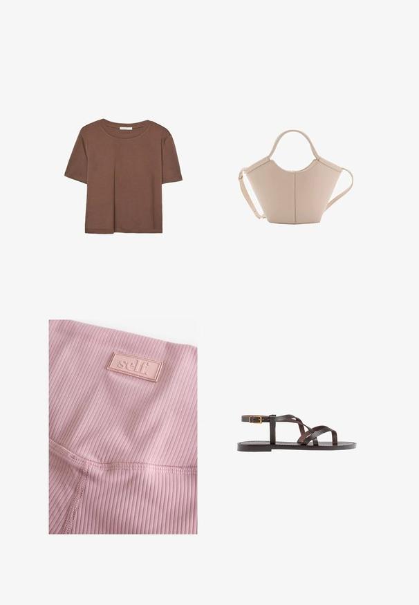 Korte mouwen T-shirt in bruin, gemaakt van een zachte stof, met een ronde halslijn en een relaxte pasvorm. Geen zichtbare patronen of accenten.; Lichtroze geribde leggings met een textuur oppervlakte en een rechthoekig rubberen logo-label met het woord "self." gestikt.; Bruine leren sandaal met kruisingen van banden, een enkelgesp-sluiting en een platte zool met minimale stikdetails.; Beige leren handtas met een unieke vorm, voorzien van twee korte handvatten en een lange verstelbare schouderriem. Glad oppervlak met minimale hardware.