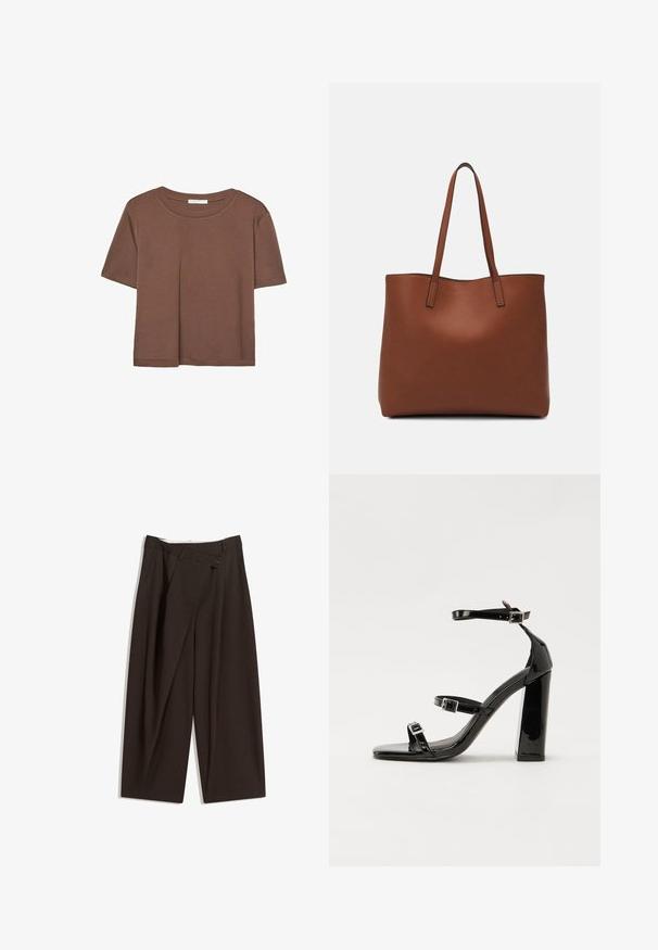 Maglietta a maniche corte marrone realizzata in tessuto morbido, con scollatura rotonda e vestibilità rilassata. Nessun motivo o dettaglio visibile.; Pantaloni a gamba larga marrone scuro con vita alta, dotati di una chiusura con bottone singolo e una parte anteriore plissettata. Realizzati in tessuto leggero.; Sandali con tacco alto in vernice nera con due cinturini con fibbia, punta quadrata e tacco spesso a blocco, caratterizzati da una texture liscia e lucida.; Borsa tote in pelle marrone con texture liscia, design con apertura superiore e due spallacci. Presenta cuciture minime e nessun hardware visibile.