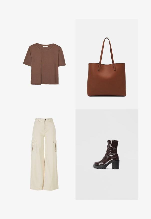 Hnedé tričko s krátkym rukávom vyrobené z jemného materiálu, s okrúhlym výstrihom a voľným strihom. Žiadne viditeľné vzory ani akcenty.; Bežové široké cargo nohavice vyrobené z bavlny, so dvoma veľkými bočnými vreckami, predným uzáverom na gombík a čistým lemom.; Lesklé burgundské kotníkové boty s robustním černým podpatkem, s hladkou strukturou a jednoduchým designem. Bez viditelných zapínání nebo vzorů.; Hnedá kožená taška na rameno s hladkou textúrou, otvoreným vrchom a dvoma ramenými popruhmi. Má minimálne šitia a žiadne viditeľné kovania.