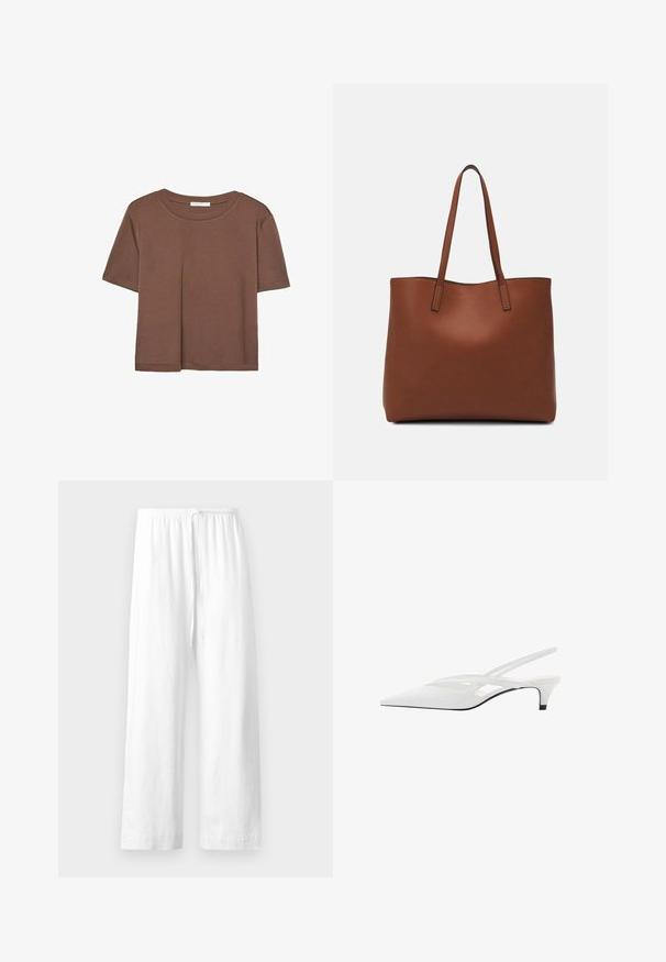 Brązowa koszulka z krótkim rękawem, wykonana z miękkiego materiału, z okrągłym dekoltem i luźnym krojem. Brak widocznych wzorów lub akcentów.; Białe lniane spodnie o luźnym kroju, z elastycznym pasem i sznurkiem, oraz prostymi nogawkami z czystym wykończeniem.; Biała szpilka na odkrytej pięcie z ostrym noskiem, charakteryzująca się gładką cholewką, subtelnymi wycięciami i niskim obcasem w kształcie bloku. Czarna podeszwa podkreśla design.; Brązowa skórzana torba tote o gładkiej fakturze, z otwartym wierzchem i dwoma ramiączkami. Charakteryzuje się minimalnym przeszyciem i brakiem widocznych elementów metalowych.