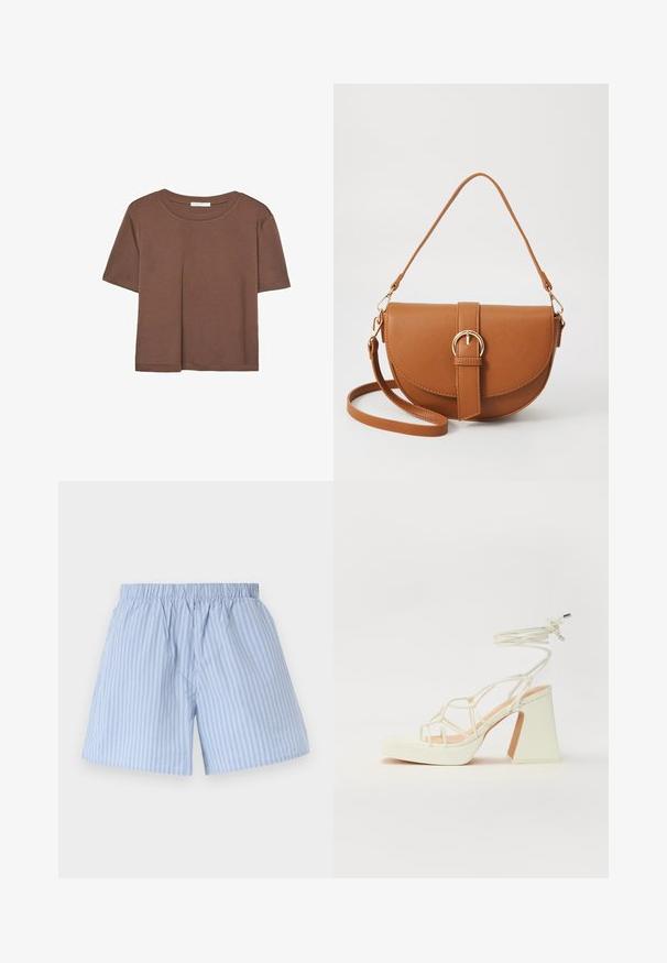 Brown short-sleeve t-shirt made of soft fabric, with a round neckline and relaxed fit. No visible patterns or accents.; Light blue shorts with vertical white stripes, elastic waistband, relaxed fit, and smooth texture suitable for casual wear.; White high-heeled sandal with a chunky heel, featuring a strappy design and ankle tie. Smooth texture with a platform front for added height.; Brown leather crossbody bag with a curved shape, gold hardware, and a buckle accent. Features a detachable shoulder strap.