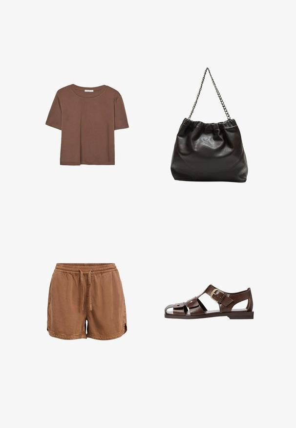 Brązowa koszulka z krótkim rękawem, wykonana z miękkiego materiału, z okrągłym dekoltem i luźnym krojem. Brak widocznych wzorów lub akcentów.; Brązowe szorty wykonane z miękkiego materiału, z elastyczną talią, regulowanym sznurkiem i bocznymi kieszeniami. Dołek z małymi bocznymi rozcięciami.; Brązowe skórzane sandały z wycięciami, regulowanym zapięciem po boku i płaską podeszwą, z metalowymi akcentami i otwartym noskiem.; Brązowa skórzana torba z marszczonym szczytem i łańcuszkowym paskiem. Gładka tekstura z błyszczącym wykończeniem i subtelnymi detalami szwów po bokach.