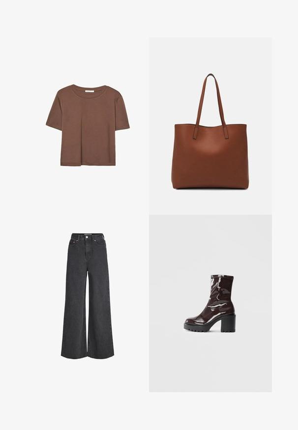 Maglietta a maniche corte marrone realizzata in tessuto morbido, con scollatura rotonda e vestibilità rilassata. Nessun motivo o dettaglio visibile.; Jeans neri a gamba larga a vita alta con bottone e zip frontali, cinque tasche e orlo grezzo.; Stivale alla caviglia bordeaux lucido con un tacco spesso nero, caratterizzato da una superficie liscia e un design semplice. Nessuna chiusura visibile o motivo.; Borsa tote in pelle marrone con texture liscia, design con apertura superiore e due spallacci. Presenta cuciture minime e nessun hardware visibile.