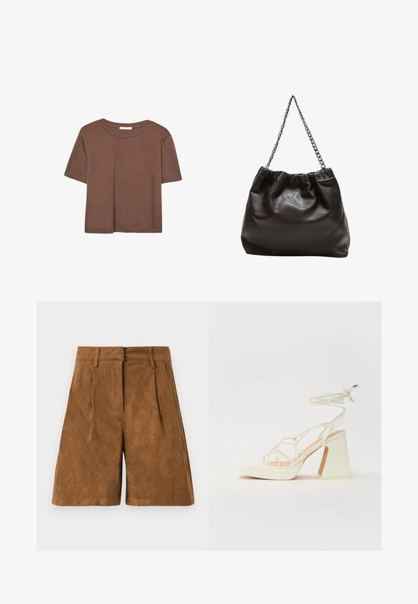 Kahvinsävyinen lyhythihainen t-paita, joka on valmistettu pehmeästä kankaasta. Pyöreä pääntie ja rento malli. Ei näkyviä kuvioita tai koristeita.; Ruskean mokkanahkashortsit, joissa on sileä pinta, etupleisureet, tasainen vyötärö ja suora leikkaus.; Valkoinen korkokenkä, jossa on paksu korko, ja joka sisältää nauhakiinnityksen ja nilkkaketjun. Sujuva pinta, jossa on platform-etupohja lisäkorkeutta varten.; Ruskea nahkainen laukku, jossa on kerätty yläosa ja ketjuhihna. Tasainen pinta, jossa kiiltävä viimeistely ja hienovaraiset sauman yksityiskohdat sivuilla.