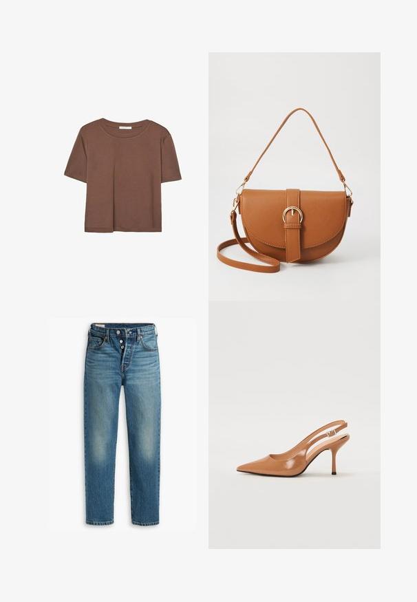 Brun kortärmad t-shirt i mjukt tyg, med rund halsringning och avslappnad passform. Inga synliga mönster eller detaljer.; Ljust blå denimjeans med rak passform, femfickorsdesign och knappgylf. Ljus blekning och subtila slitningar framtill.; Tåspets slingback-häl i ett slätt, glansigt brunt material. Har en kurvad utskärning och en smal stilettklack. Silverdetalj med spänne.; Brun läder crossbody-väska med en böjd form, gyllene detaljer och en spänneaccent. Har en avtagbar axelrem.