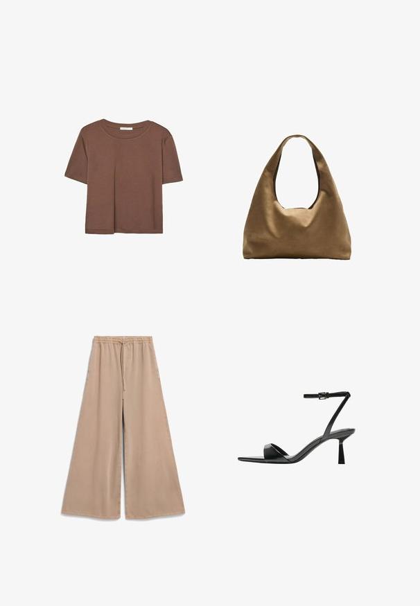 Maglietta a maniche corte marrone realizzata in tessuto morbido, con scollatura rotonda e vestibilità rilassata. Nessun motivo o dettaglio visibile.; Pantaloni beige a gamba larga con vita elastica e coulisse. Tessuto morbido, texture liscia e vestibilità comoda con tasche laterali.; Bershka Sandali con tacco - black; Borsa a spalla in tessuto marrone con un corpo ampio e arrotondato e una grande maniglia a taglio. Texture morbida, design minimalista e senza hardware visibile.
