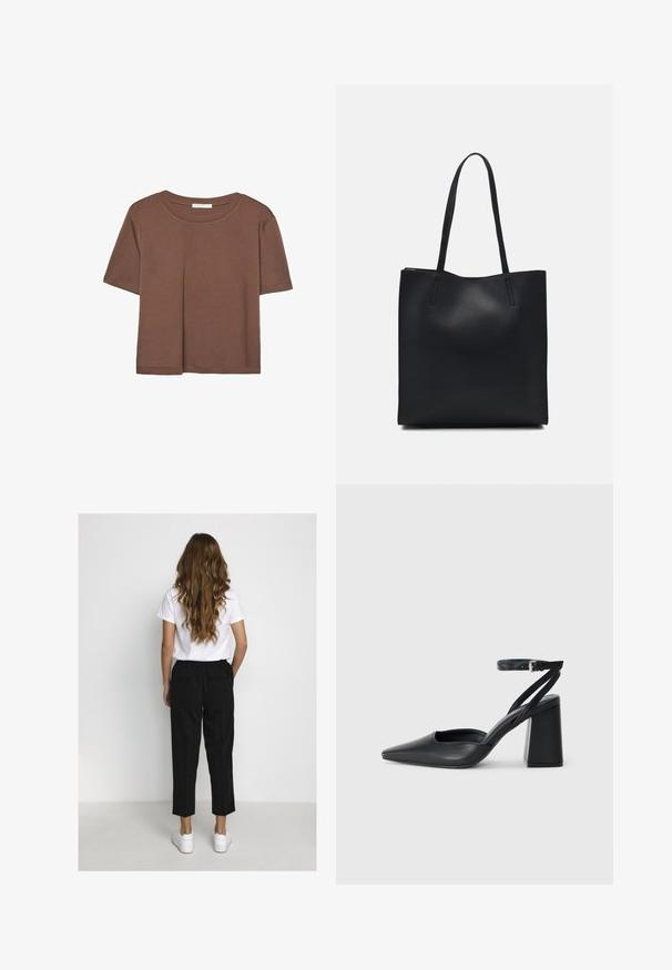 T-shirt marron à manches courtes en tissu doux, avec un col rond et une coupe décontractée. Aucun motif ni accent visible.; Femme aux cheveux longs et ondulés portant un t-shirt blanc, un pantalon noir court et des baskets blanches, se tenant devant un mur blanc uni.; Escarpin noir en cuir à bout pointu avec une bride de cheville et un talon épais. Texture lisse, design élégant et esthétique minimaliste.; Sac fourre-tout en cuir noir avec une texture lisse, de forme rectangulaire et deux longues poignées. Pas de matériel ou d'ornementations visibles.
