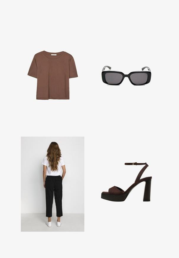 Brown short-sleeve t-shirt made of soft fabric, with a round neckline and relaxed fit. No visible patterns or accents.; Woman with long wavy hair wearing a white t-shirt, black cropped pants, and white sneakers, standing facing a plain white wall.; Brown suede high-heeled sandal with an open toe, adjustable ankle strap, and a striped platform sole.; Black rectangular sunglasses with dark lenses, smooth plastic frame, and curved temples. The design is chunky with a minimalist aesthetic.