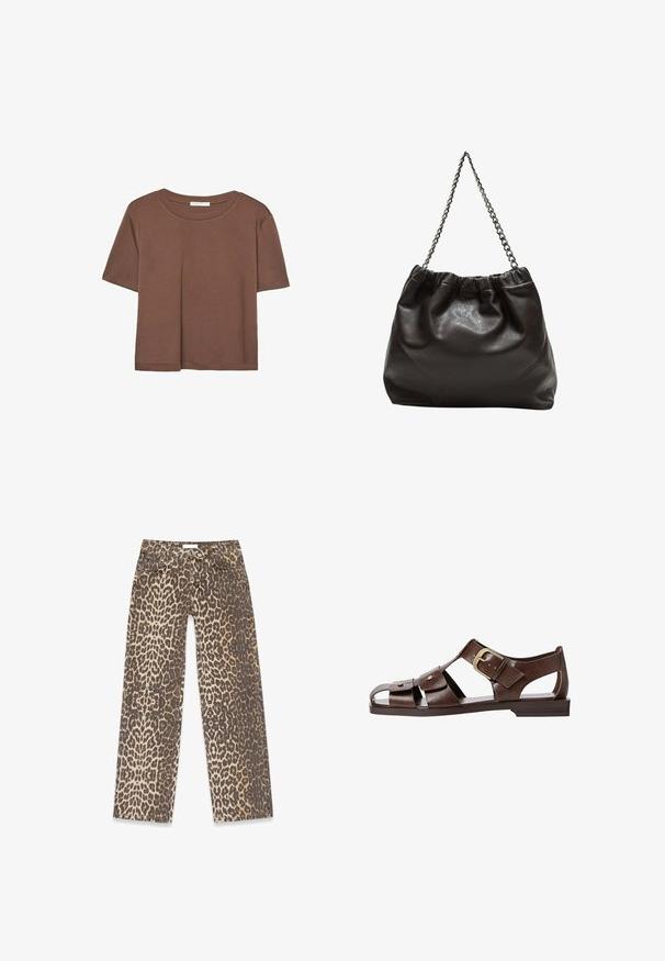 Rjava kratka majica s kratkimi rokavi iz mehkega materiala, s krožnim izrezom in ohlapnim krojem. Brez vidnih vzorcev ali dodatkov.; Džins hlače z leopardjim potiskom v nevtralni bež in rjavi barvni paleti, s ravnim krojem in tradicionalnimi detajli žepov.; Rjave usnjene sandale z izrezljanim dizajnom, nastavljivim stranskim sponko in ravnim podplatom, dekorirane z kovinskimi detajli in odprtim prstom.; Rjava usnjena torba z nabranim vrhom in verižnim trakom. Gladka tekstura z sijajno površino in subtilnimi šivi na straneh.