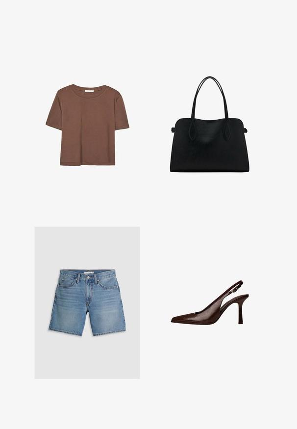 Smeđi kratki rukav majica od mekog materijala, s okruglim izrezom i opuštenim krojem. Nema vidljivih uzoraka ili naglasaka.; Svijetloplave traper šortseve, s ravnim krojem, pet džepova i kopčanjem na dugme. Izrađene su od pamuka s glatkom teksturom.; Smešani kožni slingback cipele s uskim nosom i tankom petom. Ima malu dekorativnu kopču na remenu i sjajnu završnicu.; Crna kožna torba s dvostrukim naramenicama, pravokutnog oblika i minimalističkim dizajnom na bijeloj pozadini.