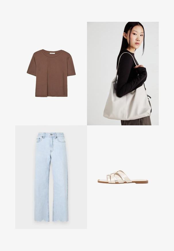 Kahvinsävyinen lyhythihainen t-paita, joka on valmistettu pehmeästä kankaasta. Pyöreä pääntie ja rento malli. Ei näkyviä kuvioita tai koristeita.; Vaaleansiniset leveät farkut, joissa on raaka helma, valmistettu denimestä. Ominaisuuksiin kuuluu nappikiinnitys, vyölenkit ja sivutaskut.; Tason vaaleanruskealla kumipohjalla, jossa on kolme päällekkäistä valkoista nahkaremmiä ja pieni satiininen rusetti keskellä.; Beige laukku, joka on valmistettu pehmeästä materiaalista, ja siinä on rento muotoilu, ommeltu yksityiskohtia ja kaksi olkahihnaa. Sopii päivittäiseen käyttöön.